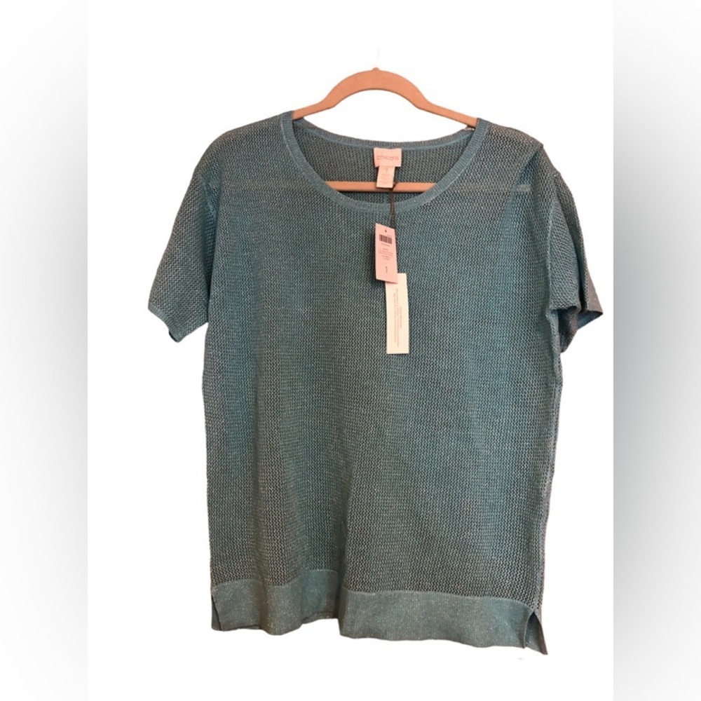 NWT Chico’s Turquoise &Metallic Silver Short Sleeve Open Weave Sweater S…
